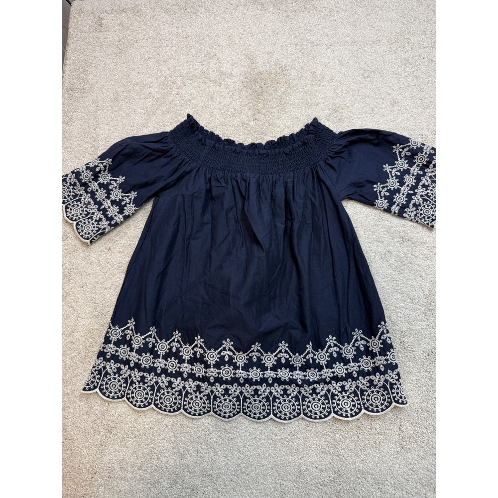 Abercrombie & Fitch Navy Blue Eyelet Embroidered Off Shoulder Smocked Blouse M